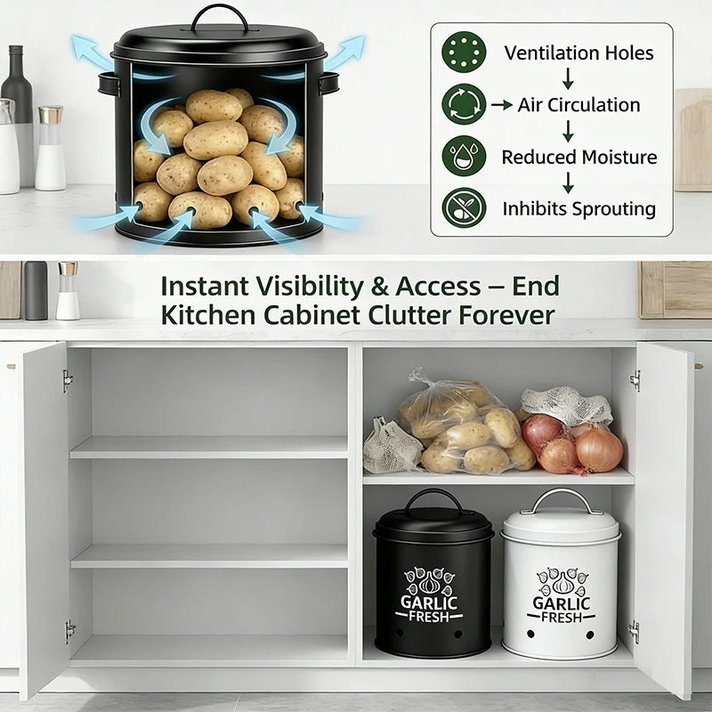 Product Description Ventilation Holes, Air Circulation, Reduced Moisture, Inhibits Sprouting, End Kitchen Clutter.