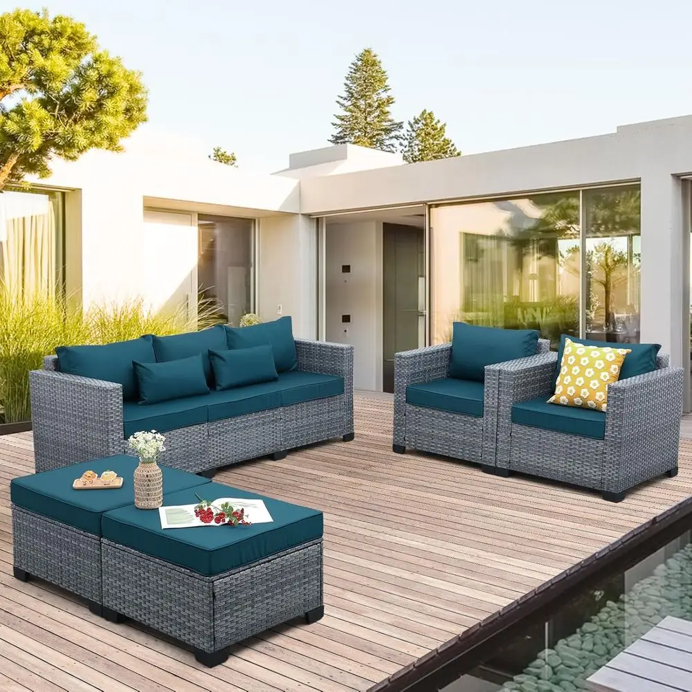 

5-Piece Outdoor Wicker Sectional Set with All-Weather PE Rattan, Cushions & Ottomans, Ideal for Patio, Balcony, Deck, Peacock Bl