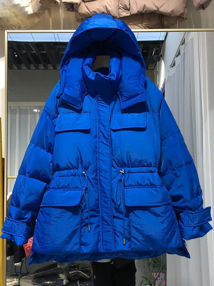 Fitaylor Winter Women Hooded Short Down Coat Lady Soft Loose 90% White Duck Down Jacket Blue Adjustable Waist Parkas Outwear