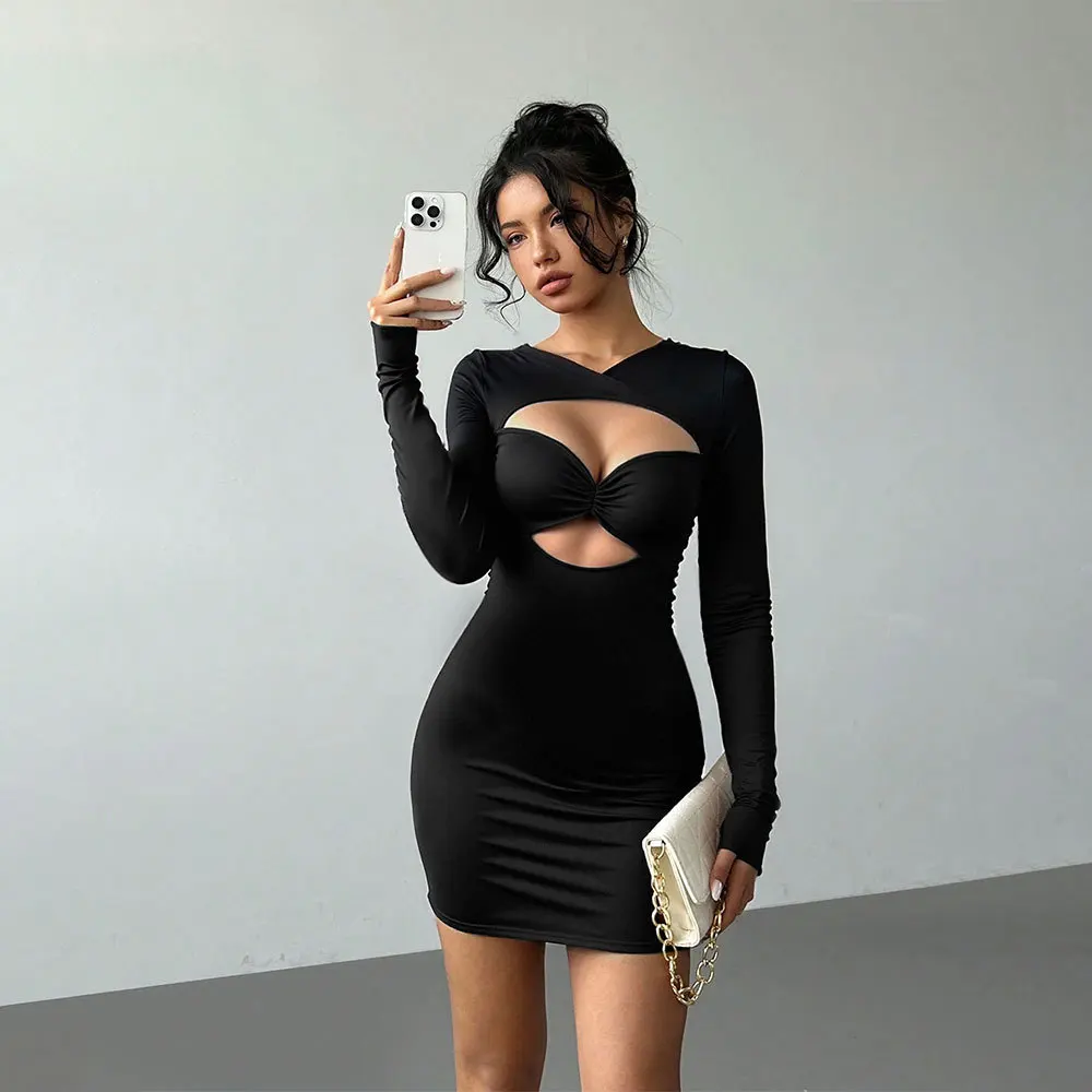 Sexy Cutout Long Sleeve Bodycon Dress Solid Y2K Party Clubwear