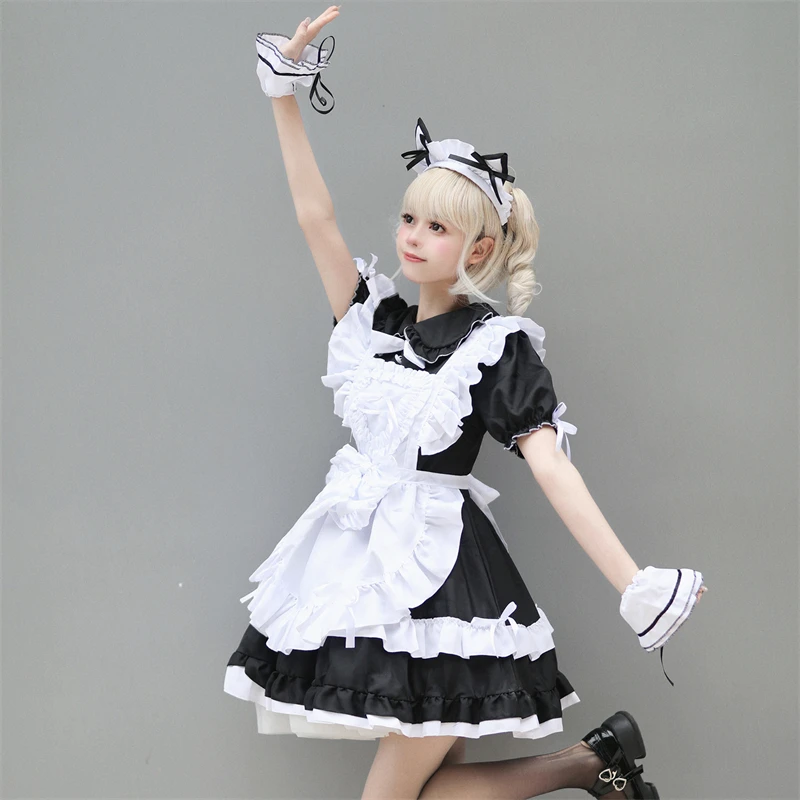 Tenue Lolita classique noire et blanche pour femme, costume de cosplay de femme de chambre anime japonaise, mini robe à manches bulles, col beurre, bourgeon de fleur