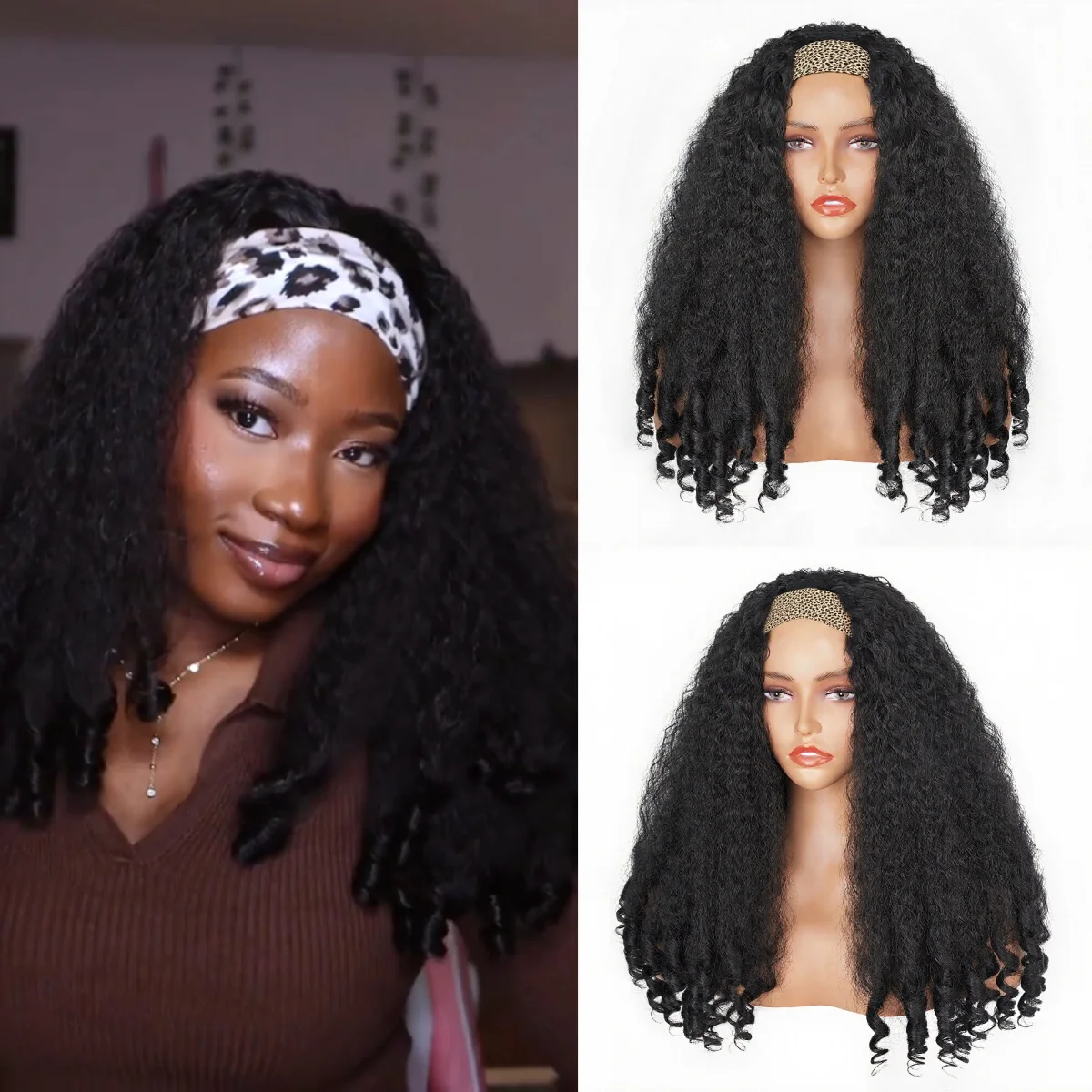 Afro Curly kinky Straight Wigs For Black Women Headband Kinky Straight Yaki Wig Glueless Black Synthetic Lace Front Wig