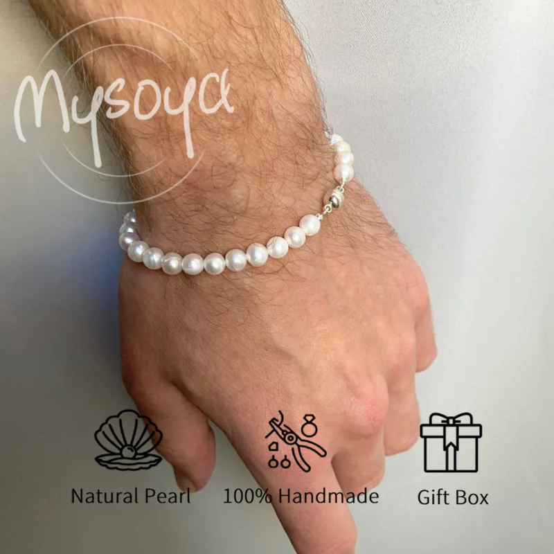 

MYSOYA 6-7mm White Freshwater Pearl Bracelet For Women And Men With Gift Box Perfect Wedding Birthday Anniversary Jewelry Gift