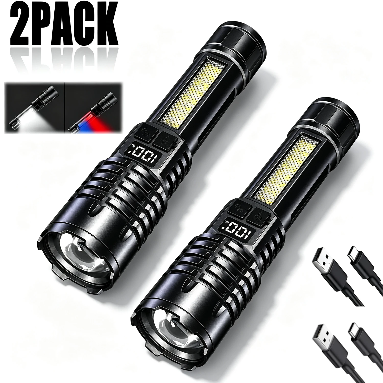 Lanterna LED de Alta Potência Portátil com Zoom, Recarregável Tipo-C, à Prova d'Água com Lâmpada Lateral COB para Acampamento e Caminhadas ao Ar Livre