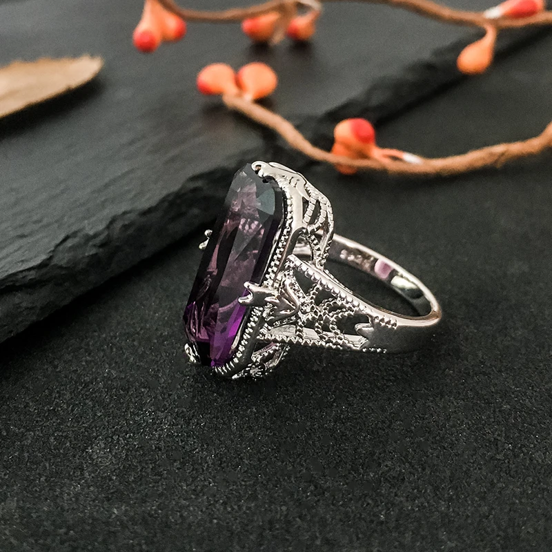 10*20mm Big Amethyst Gemstone Ring Hollowed-out 925 Sterling Silver Rings Exaggerated Silver Hand Jewelry For Women