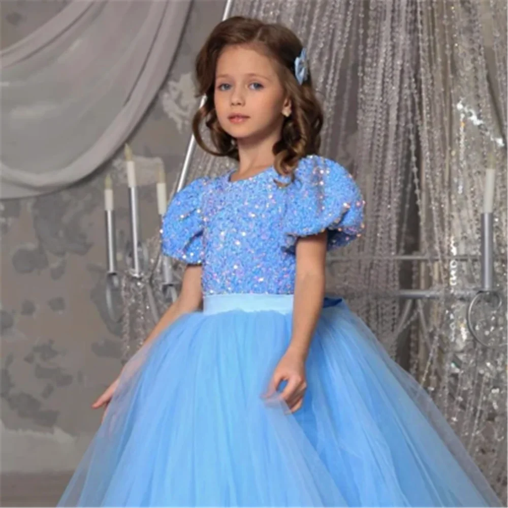 Elegant Short-sleeved Tulle Bow Belt Flower Girl Dress Princess Ball First Communion Dresses Kids Surprise Birthday Present