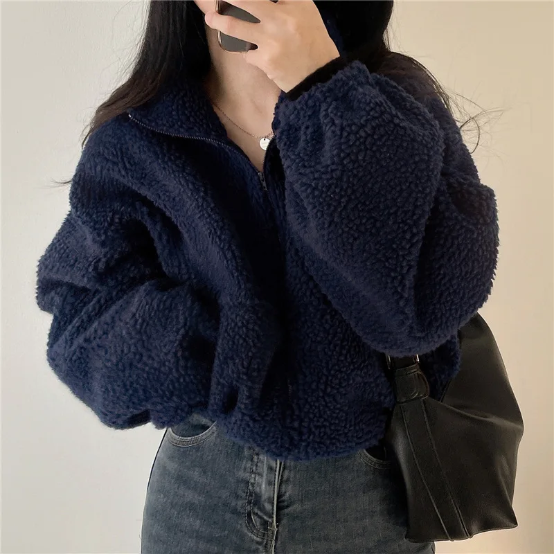 Women Autumn Winter Plush Thickened Loose Cardigan Zipper Coat Stand Up Collar Lamb Wool Top Trendy Long Sleeve Loose Jacket