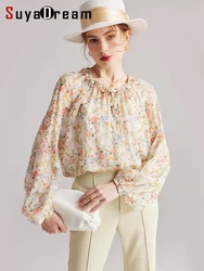 SuyaDream Women Floral Shirts 40%Real Silk 60%Viscose Ruffles Round Neck Printed Blouses 2023 Fall Winter Casual Top