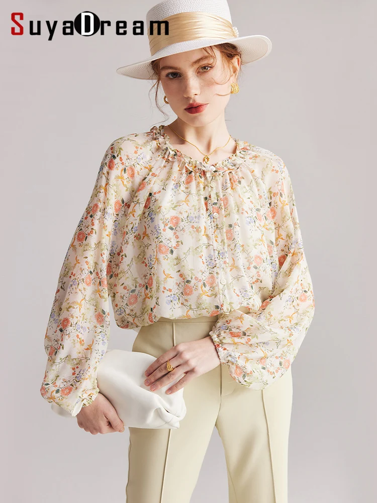 SuyaDream Women Floral Shirts 40%Real Silk 60%Viscose Ruffles Round Neck Printed Blouses 2023 Fall Winter Casual Top