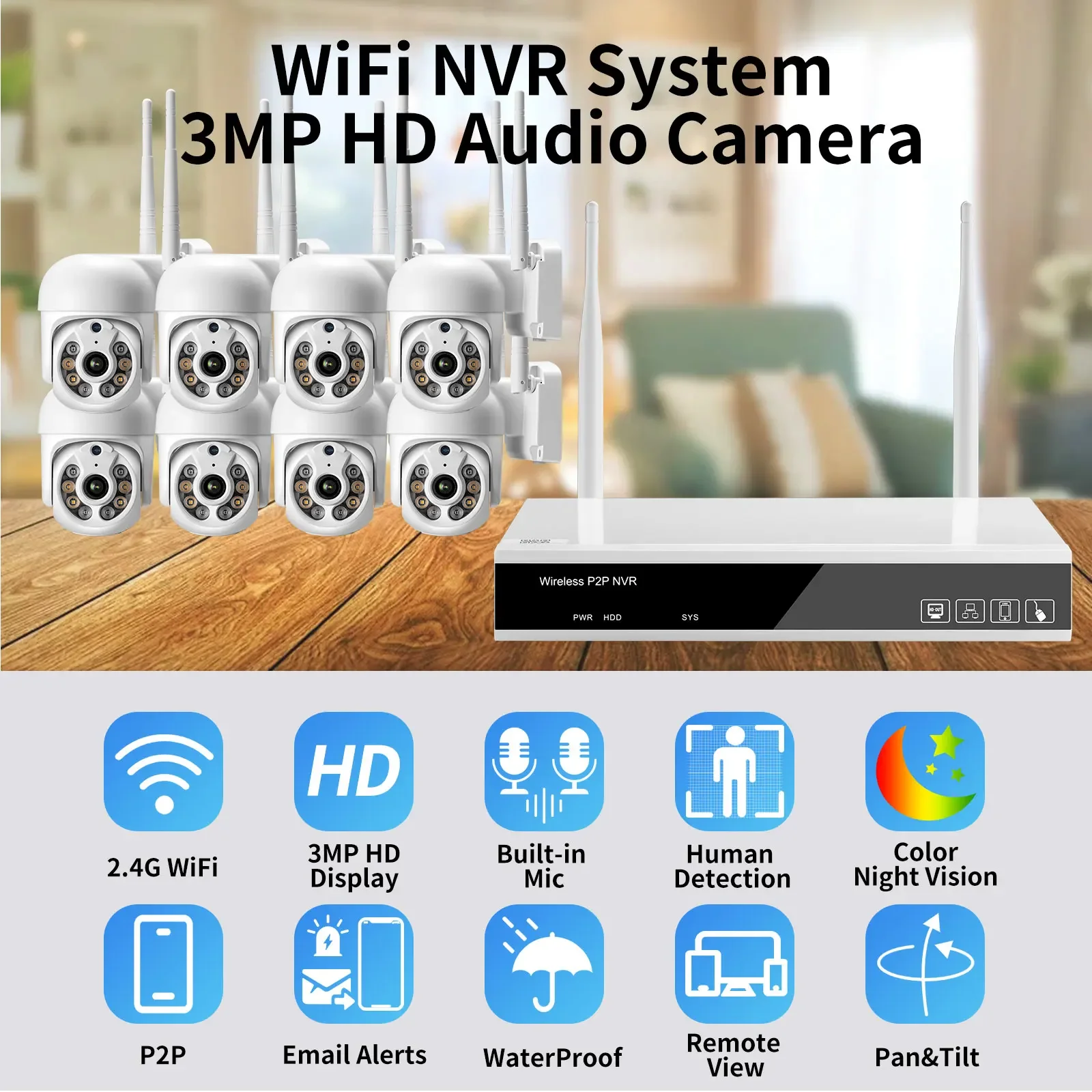 HD 3MP 8CH WIFI NVR Security Camera Set AI Full Color Night Vision Auto Tracking IP Monitor Two-Way Audio PTZ Surveillance Kit