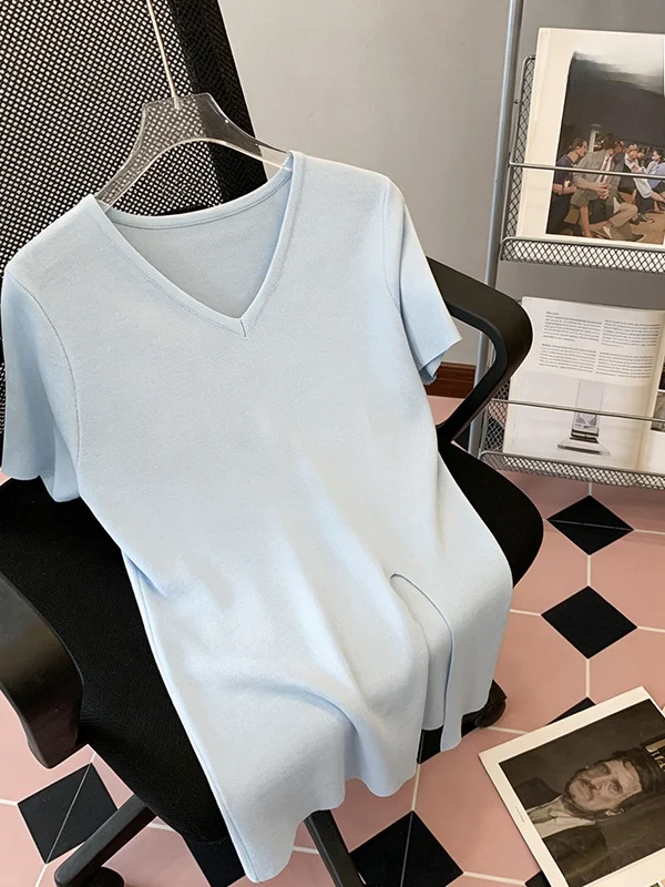 

plus Size Summer Ice Silk Knitted Short Sleeve T-Shirt Women's Fashionable Casual Breathable Body Shape Flattering Regular Le...