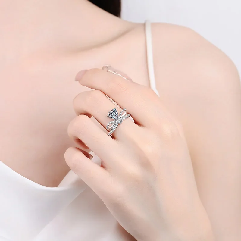 Anéis Coração em uma Batida para Mulheres, Anel de Diamante Moissanite 18k, Mesões de Platina Pt950, Jóias Casamento, 1 quilate, Pedra Principal