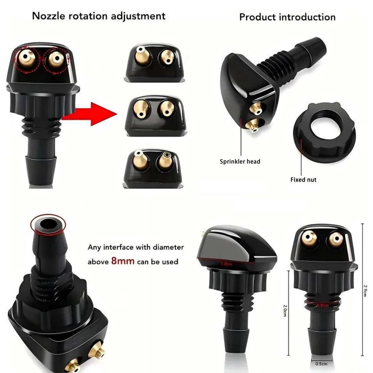 PINMOAP Dual Hole Spray Nozzle For Car Windshield Washer Nozzle Kit With Hose And Connector Spray Nozzle ABS Material 2/7PCS