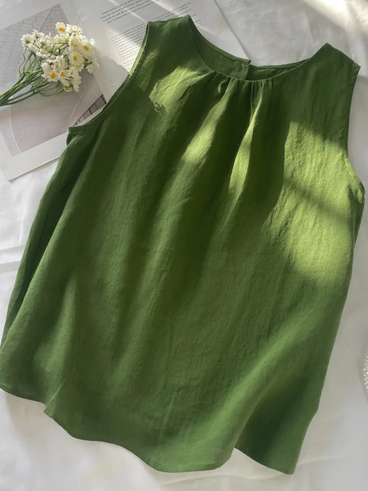 

Casual Loose Women's Cotton Linen Tank Top Svel Summer Outerwear Slimming Trendy Button Design round Ne Thin irt