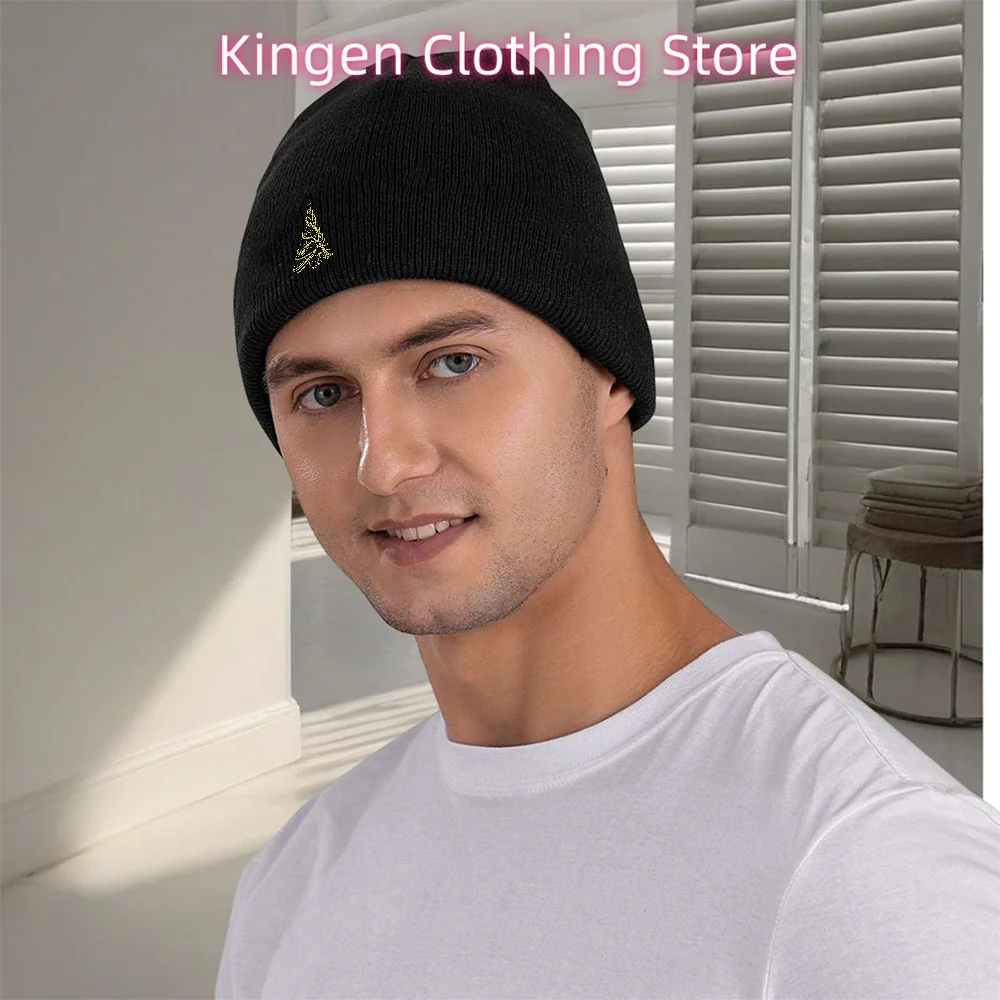 หมวกบีนนี่ถักลายต้นคริสต์มาสสีดำทอง 1 ชิ้น - หมวกกันลมสำหรับฤดูหนาวที่ให้ความอบอุ่นพร้อมตราสัญลักษณ์ต้นไม้สีทอง, สำหรับทุกเพศ