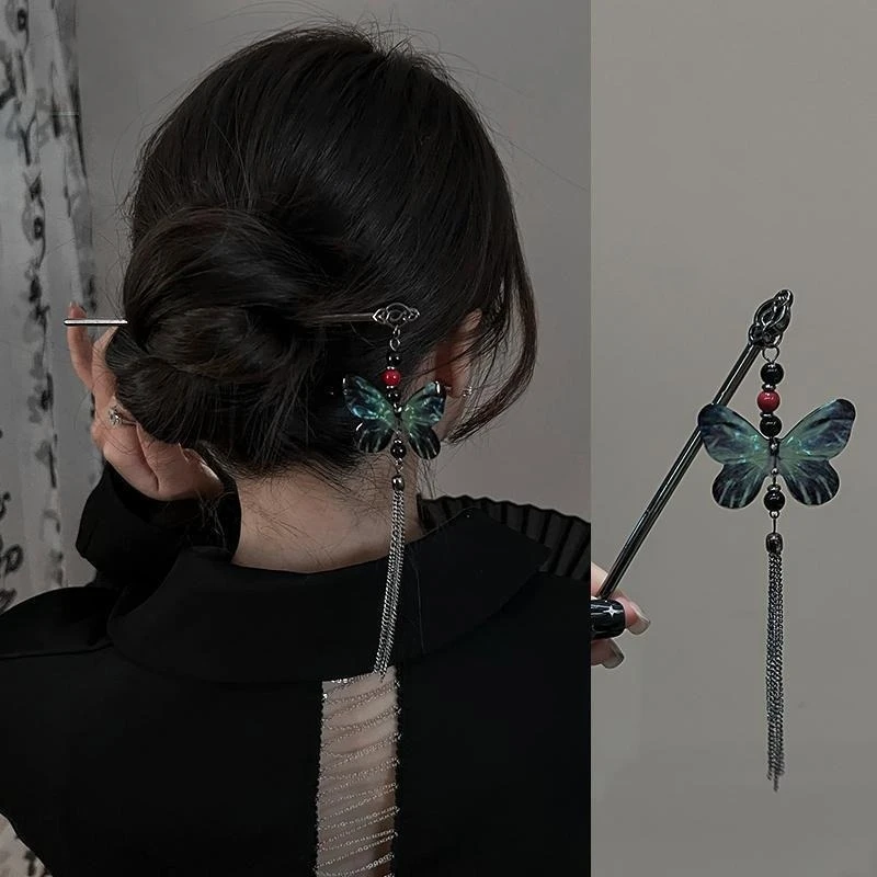 New Chinese Style Butterfly Flower Tassel Hair Stick for Women Vintage Metal Hanfu Chopstick Hair Clips 2024 Hair Accessories