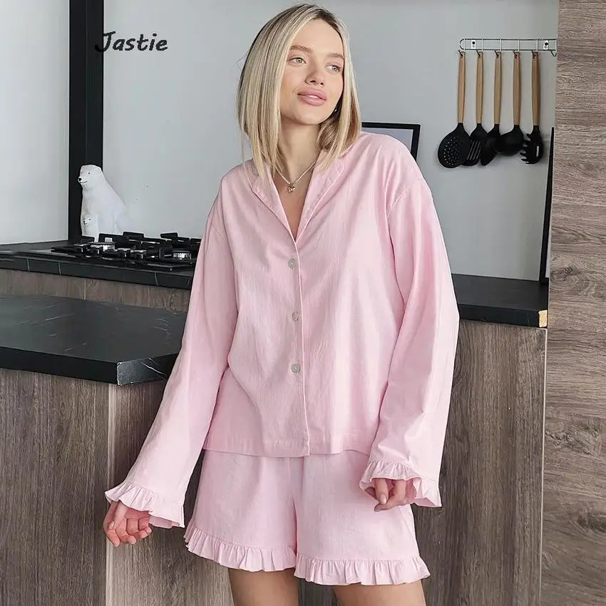 

Single Breasted Lapel Shirts Shorts Sets Fashion Long Sleeve Top Women Outfits Sweet Ruffled Edge Comfort Cotton Pajamas 2Pcs