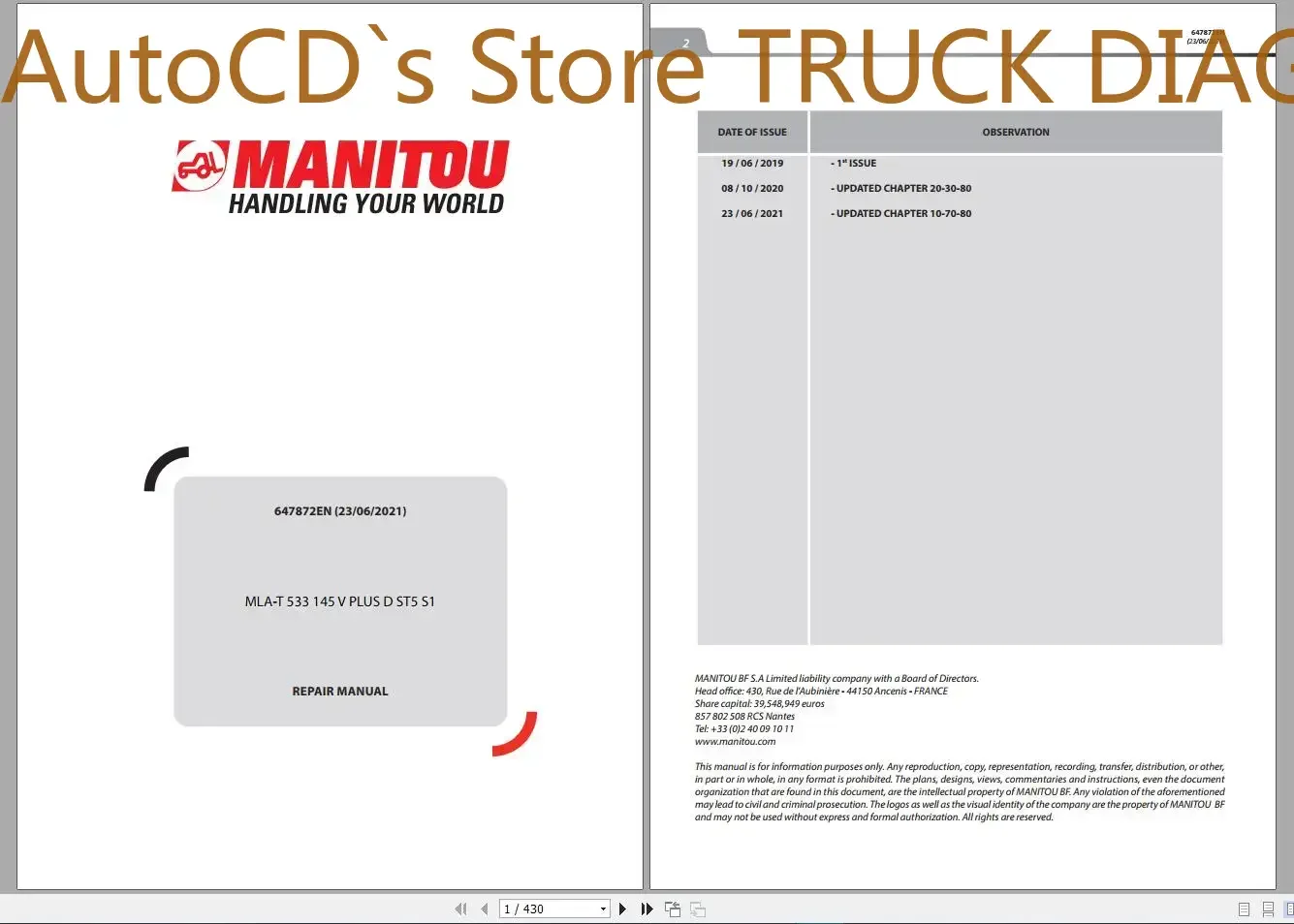 

AutoCD [DVD5] Рабочая платформа Manitou Телескопический аккумулятор PDF 7,8 ГБ Обновлено 06.2021 По руководство по ремонту, схема схемы