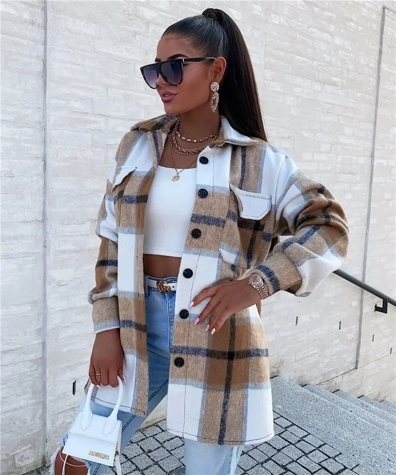 

Women Coat Plaid Print Pocket Button Coats Long Sleeve Shacket Autumn Turn Down Collar Single Jacket Breasted Spring Jackets