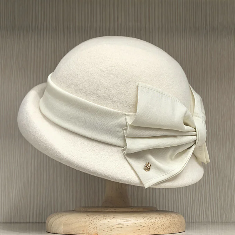 Women Wool Felt Cloche Hat Roll Up Brim Winter Hat Bucket Bowler Hat Winter Vintage Big Bow Fedoras Church Derby Fascinator Hat