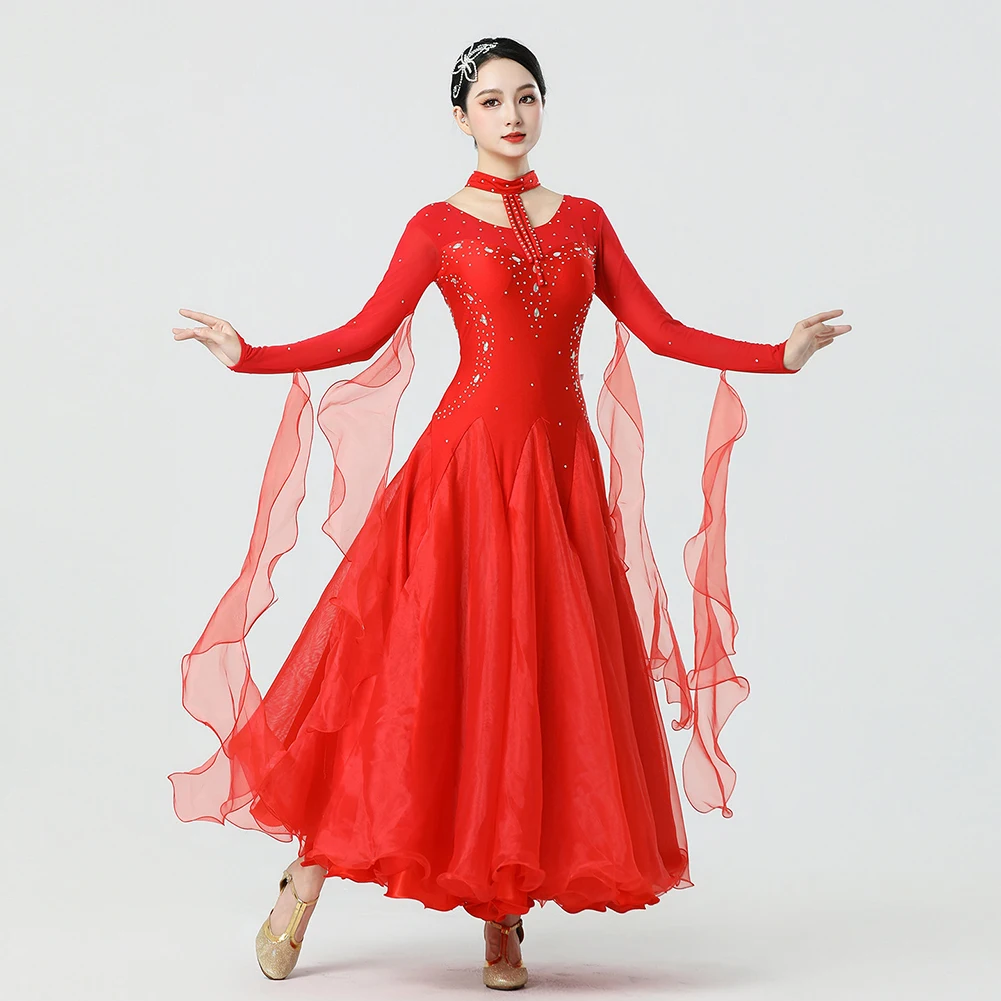 Vestido de Competición de Baile de Salón con Volantes, Falda Grande, Pedrería, para Vals y Flamenco, Rojo, para Práctica de Baile de Salón, Amarillo