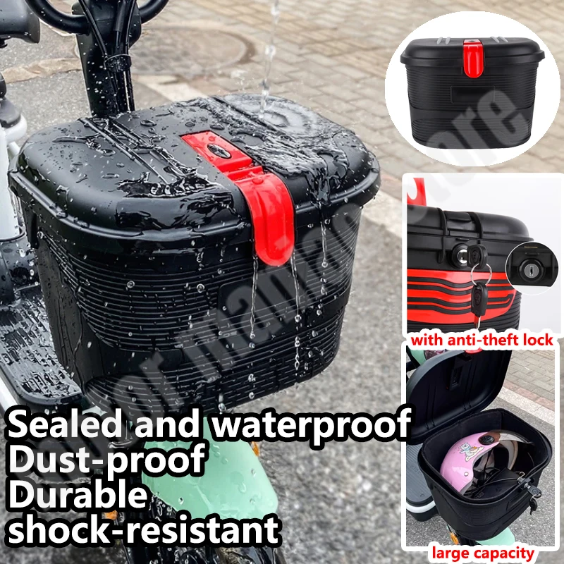

Передний ящик для хранения электрического мотоцикла, водонепроницаемый противоугонный багажник, большая вместительная складная корзина для велосипедного шлема на руль