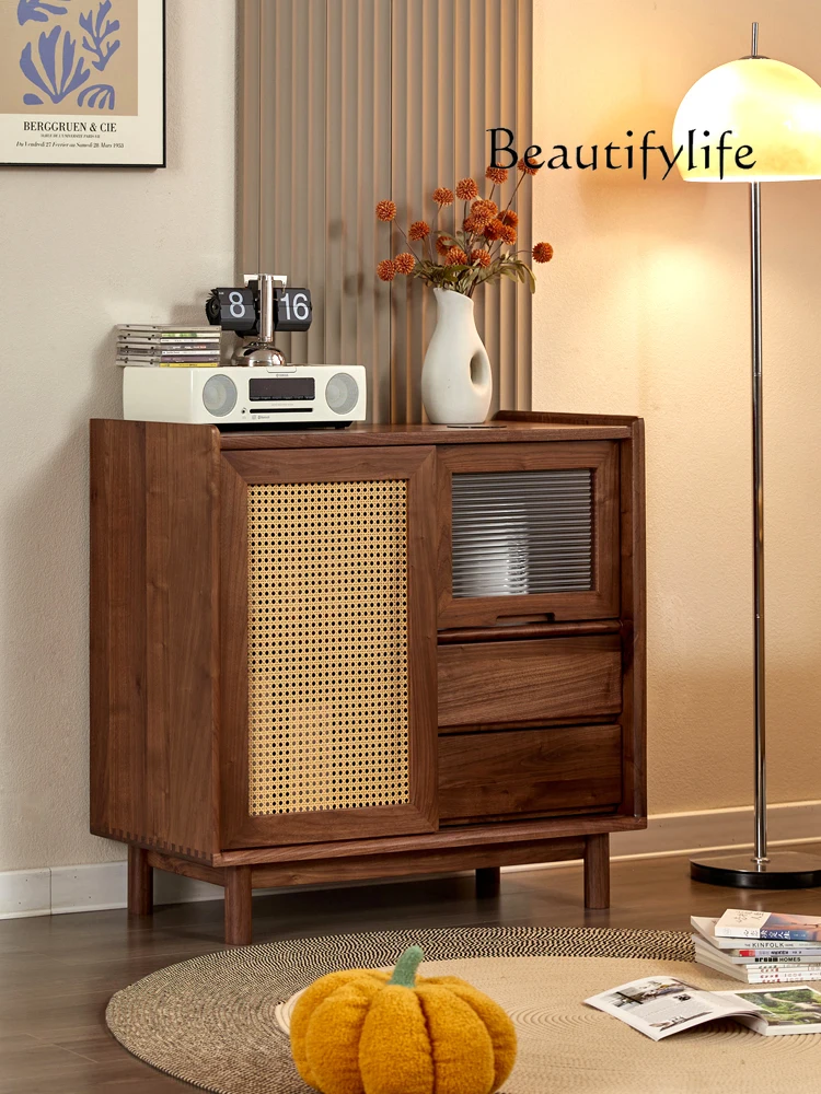 North American Black Walnut Living Room Sideboard Cabinet Solid Wood Rattan Glass Door Dining Room Storage Locker