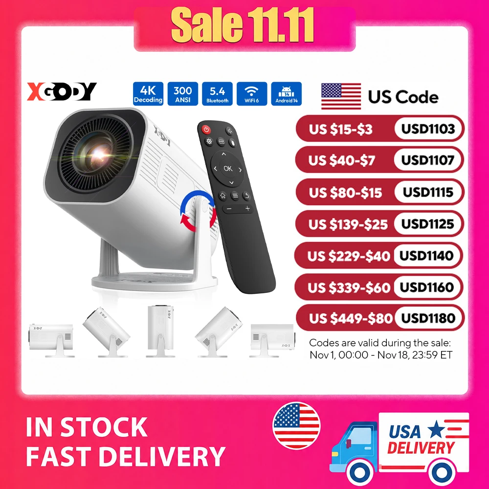Auto Focus Keystone Correction Projector - XGODY Gimbal 3 Pro Portable Projector,