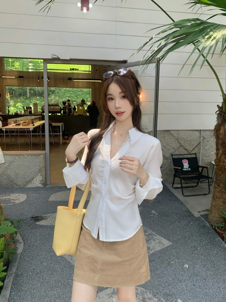 

Off White Lace Trim V-ne Women's irt Slimming Design Autumn Faionable French Sle Long Sve Girls' irt