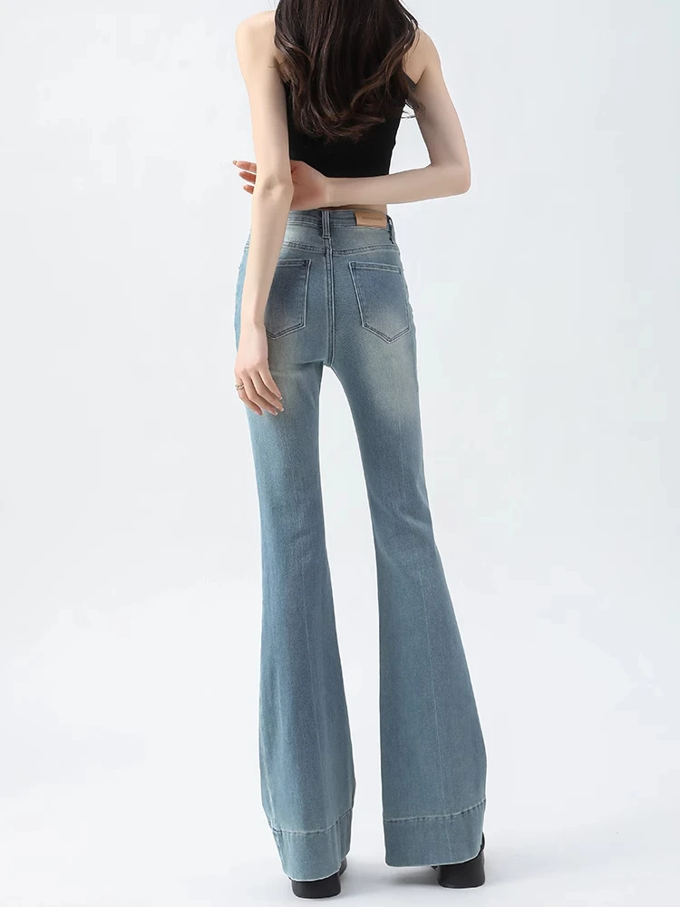 กางเกงยีนส์เอวสูงทรงบานผู้หญิง ฤดูใบไม้ผลิ ฤดูใบไม้ร่วง สีฟ้าอ่อน สไตล์อเมริกัน ขายาว ทรงเข้ารูป ช่วยให้ดูผอม