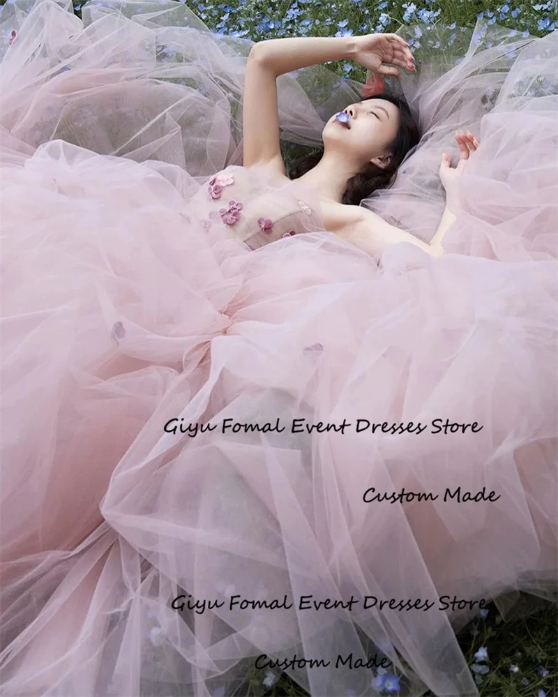 Giyu Elegant Warm Pink Soft Tulle Wedding Dresses Korea Strapless Flowers Princess Bridal Gowns Evening Party Corset Back