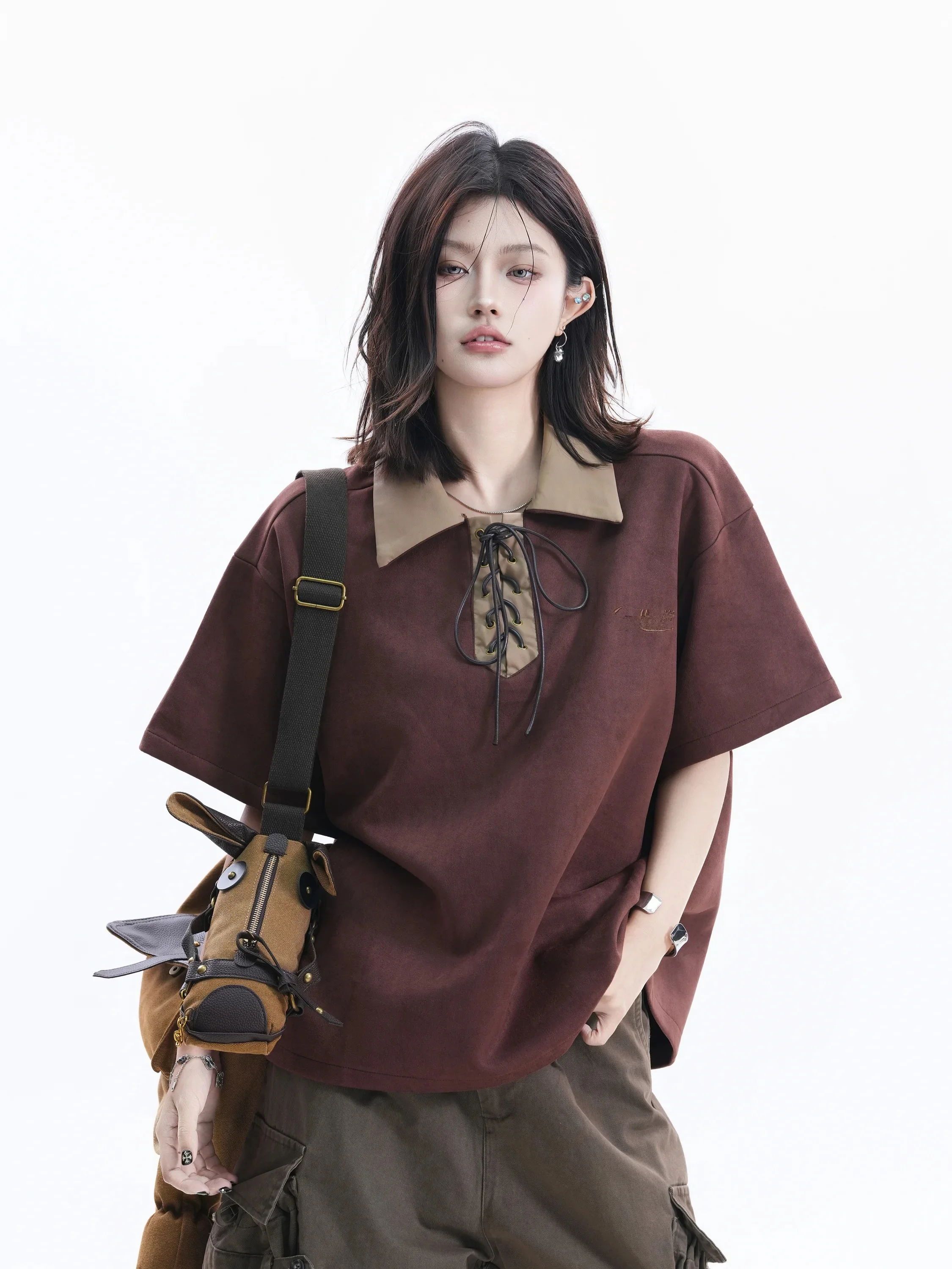 

Retro American Style Women's Neck T-shirt Summer Loose Slimming Suede Short Sleeve Binding Design Casual Shirt