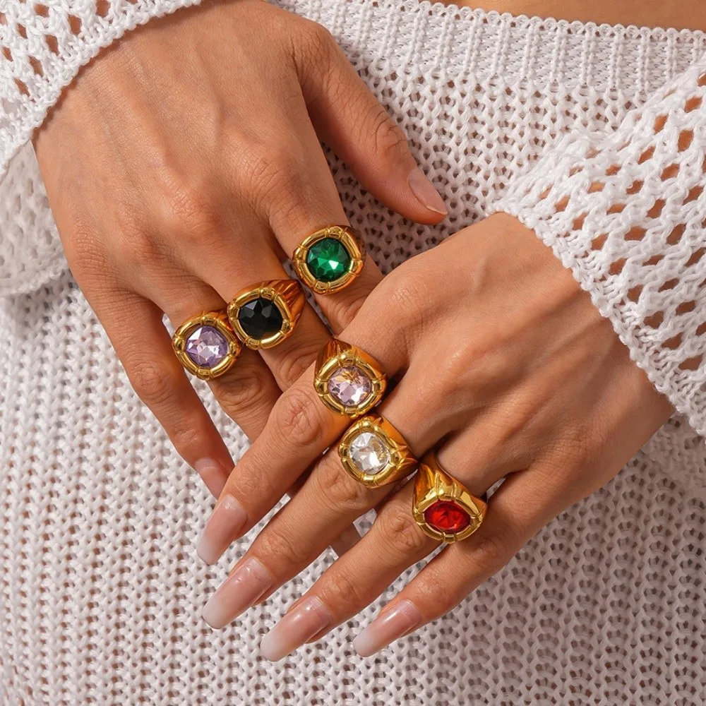 지르콘 사각 크리스탈 반지 스테인리스 스틸 연회 스타일 사각 지르콘 반지 화려하고 우아한 과장된 반지