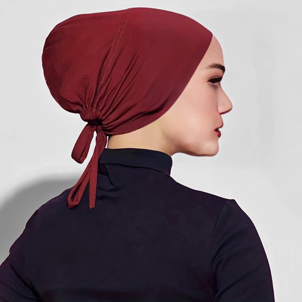 Hot Selling Inner Hijab Cap No Silp Breathable Muslim Under Caps Soft Cotton Jersey Stretch Tie-back Inner for Women