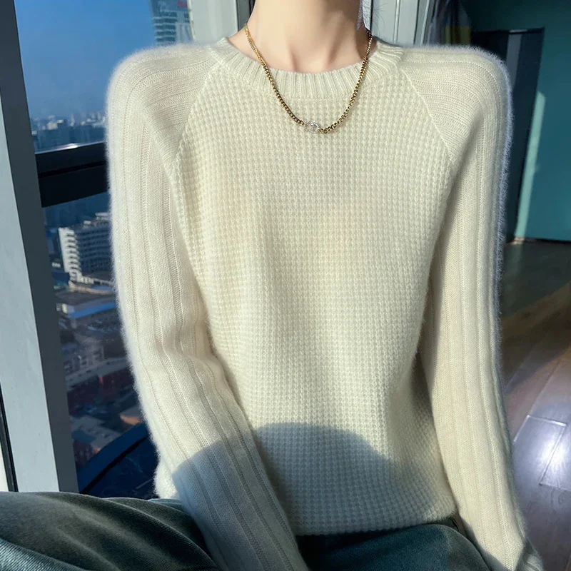 Women's sweater in autumn and winter O-neck long sleeve 100% merino wool pullover leisure padded cashmere sweater Korean style