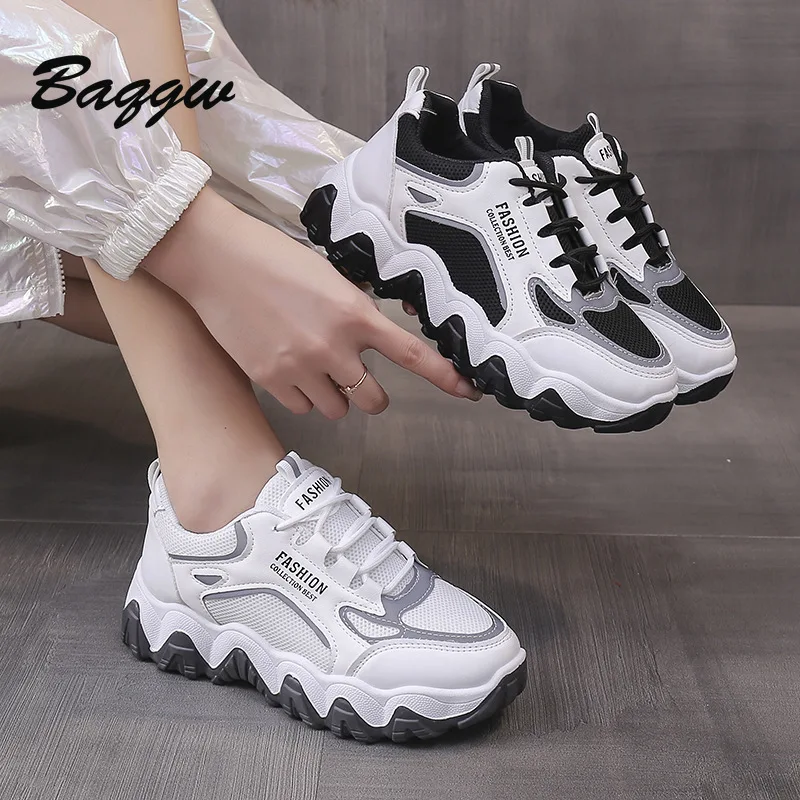 Color Block Fahion Chunky White Sneakers Shoes Thick Bottom Fashion Breathable Casual Non-slip Running Shoe for Woman Female