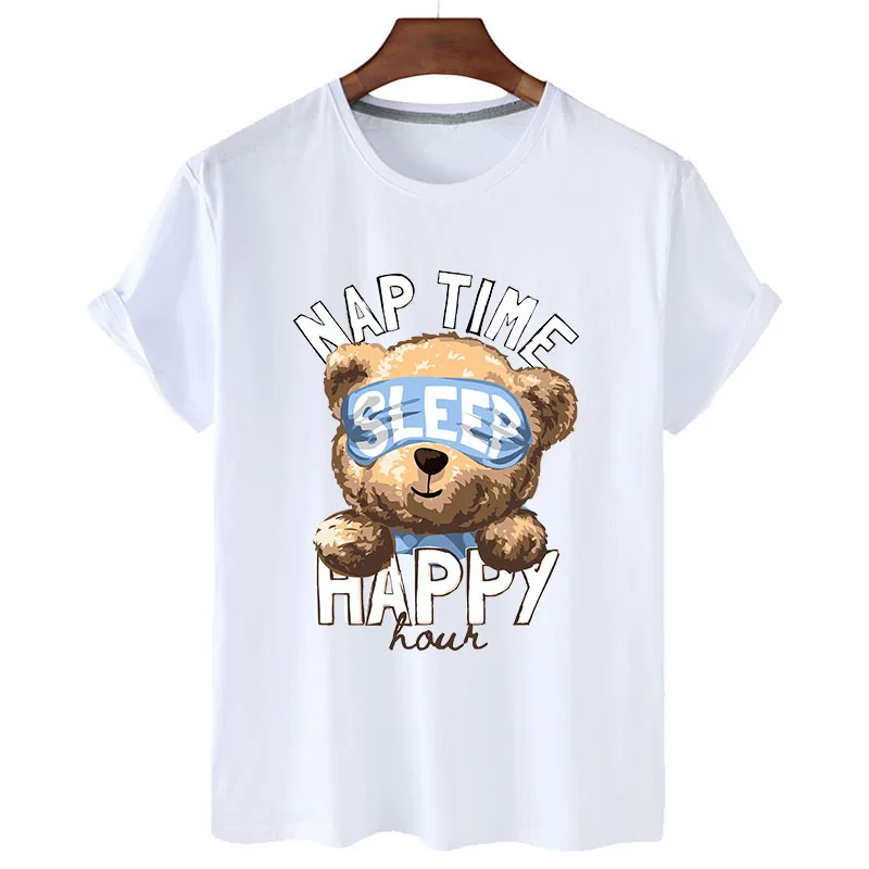 100% Cotton Sleeping Bear Print Shirt Short Sleeve O Neck Loose T-shirt Women's Summer Plus Size T-shirt Men's And Women's S-4XL