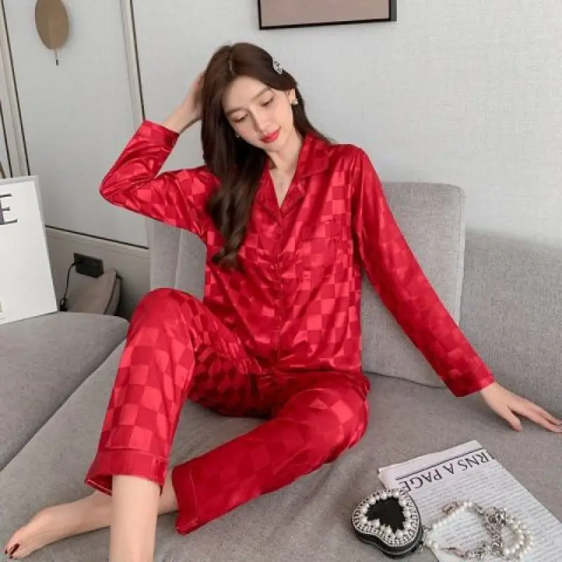 Women\'s Pajamas Sets Spring Autumn 2 Piece Plaid Pyjama Faux Silk Satin Sleepwear Long Sleeve Button Pijama Mujer Pjs Homewear