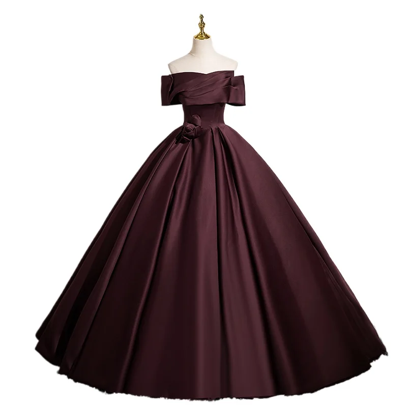 Vestido de noite vermelho vinho escuro, vestido torrado feminino, vestido de noiva de cetim de noiva, exame de arte vocal de um ombro, saia fofa