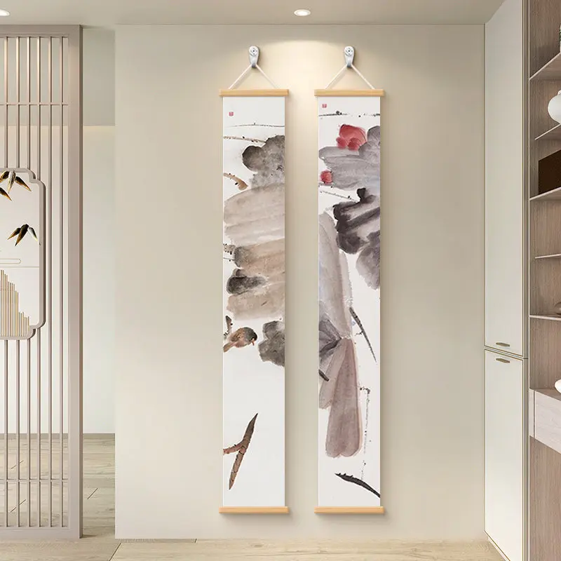Wall Art Ink Wash Lotus Leaves and White Blooms Zen Minimalism Pearlescent Canvas Hanging Scroll with Wooden Rods for Study