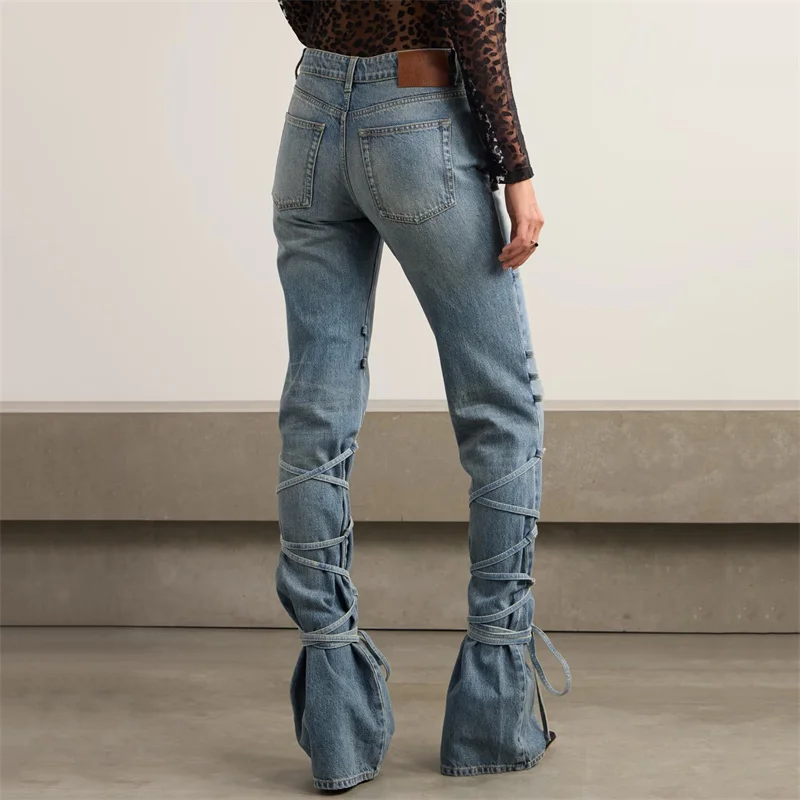 Women\'s pants New autumn 2024 vintage washed pure cotton Women\'s jeans Tie up slim flared pants High waisted bundle foot pants