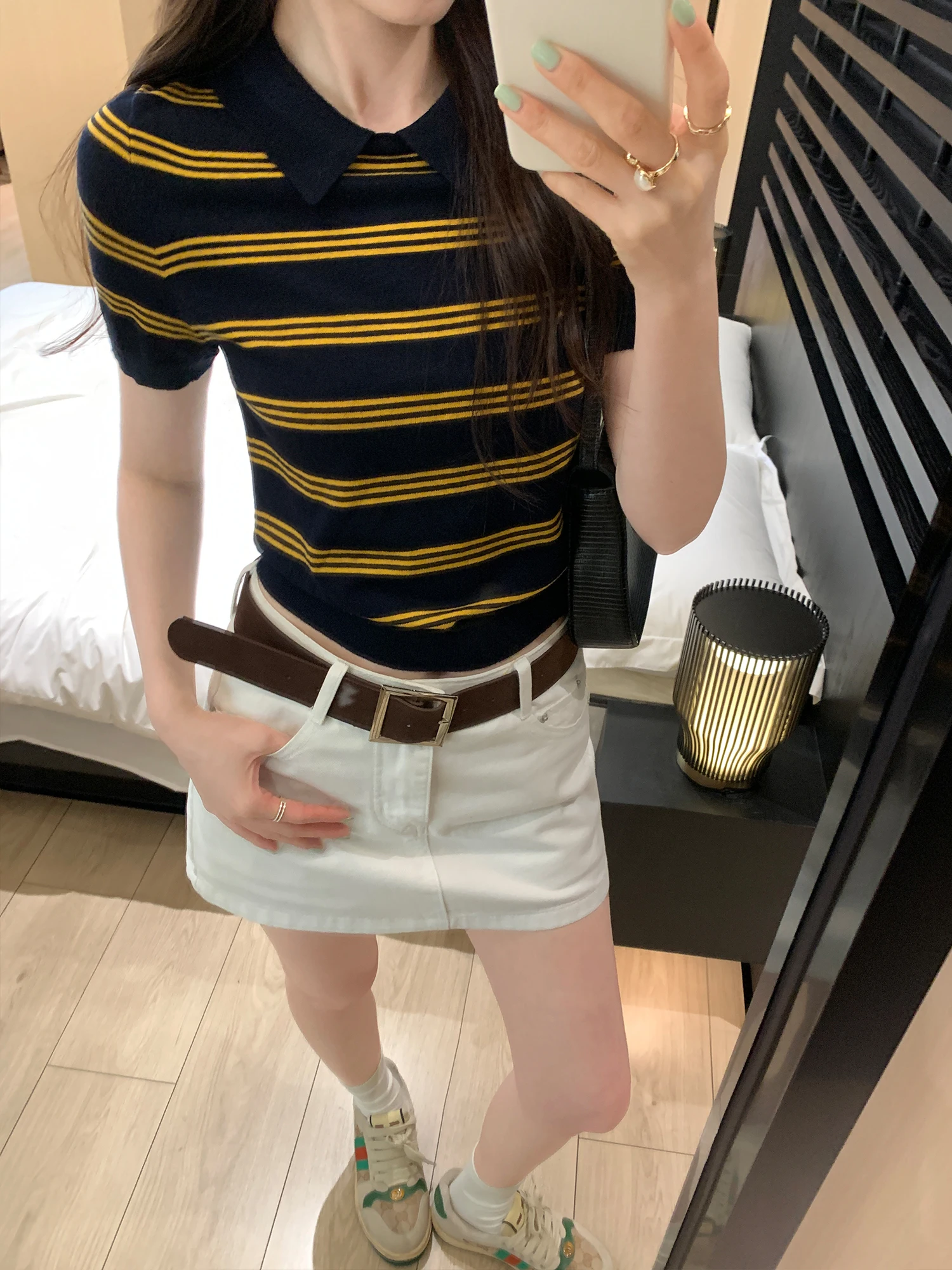 

Retro Striped Color Block Short Sleeve Neck Knitted Top Women's Summer New Style Short Length Spicy Girl Single Piece