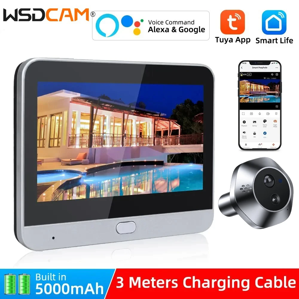 Wsdcam 140 ° Câmera olho mágico para porta, grande angular, intercomunicador bidirecional, vídeo, detecção de movimento, wi-fi, campainha, bateria