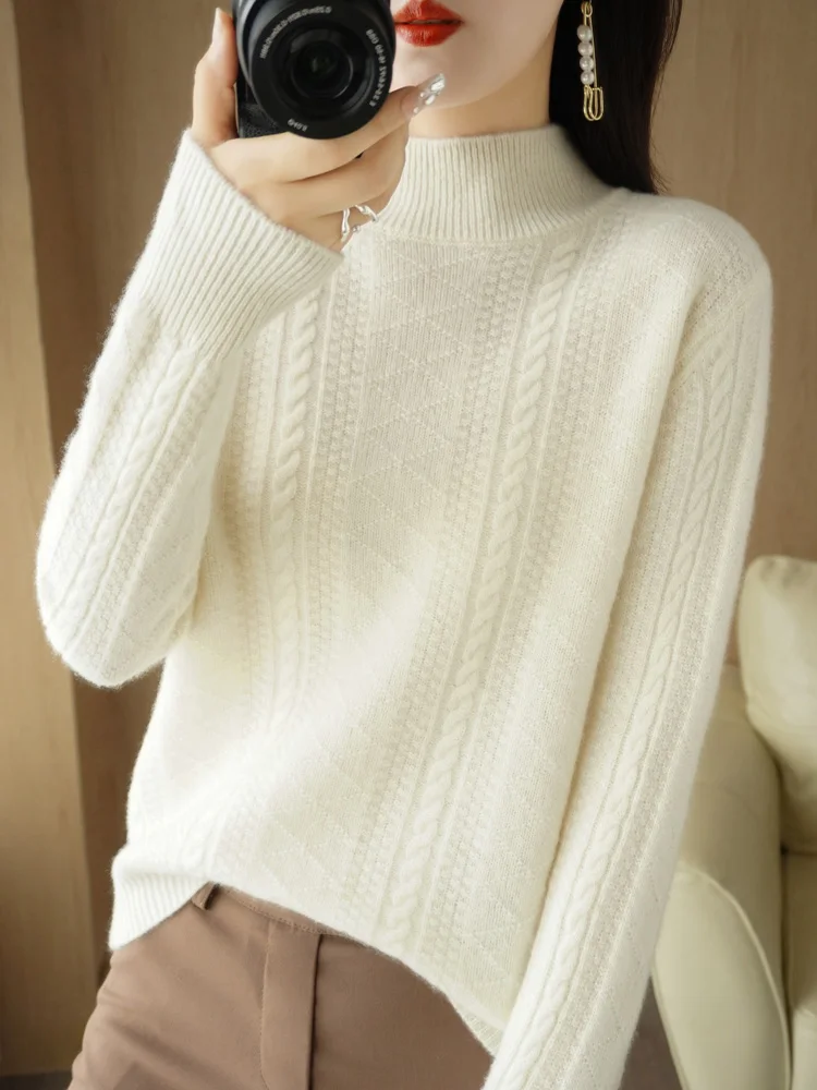 Women 100% Merino Wool Sweater Mock Neck Thick Pullovers Autumn Winter Warm Soft Twist Cashmere Knitwear Korean Fashion Tops