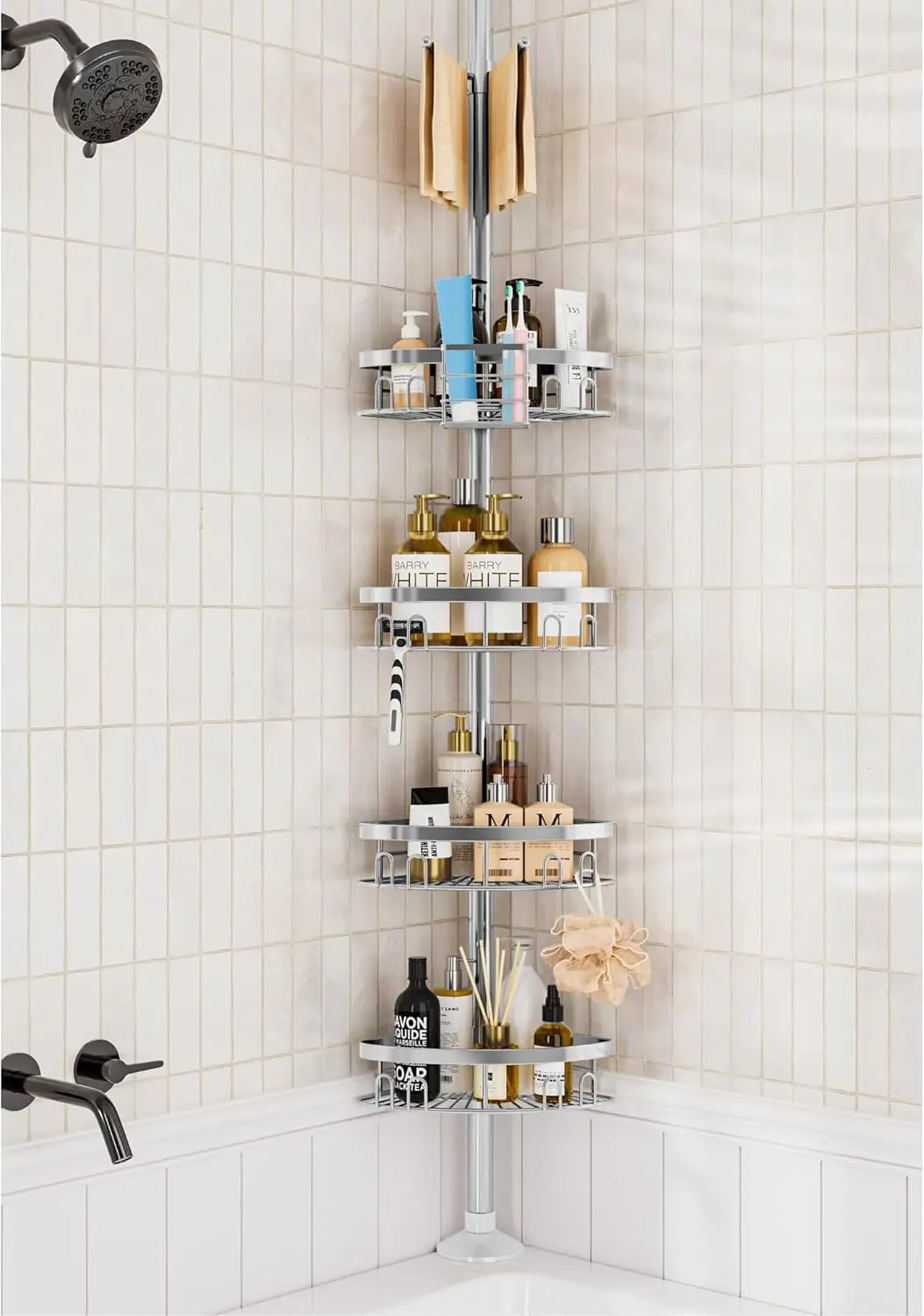 

Угловая полка для душа с защитой от ржавчины, 4 корзинами и держателем для полотенец, регулируемая от 23,6 до 114,5 дюймов для хранения в ванной комнате