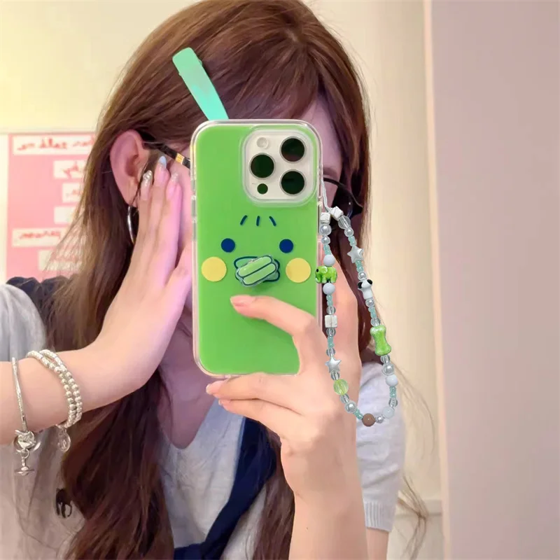 

Funny green elf phone case with rotating mouth accessory and chain for iPhone 11 12 13 14 15 16 pro max