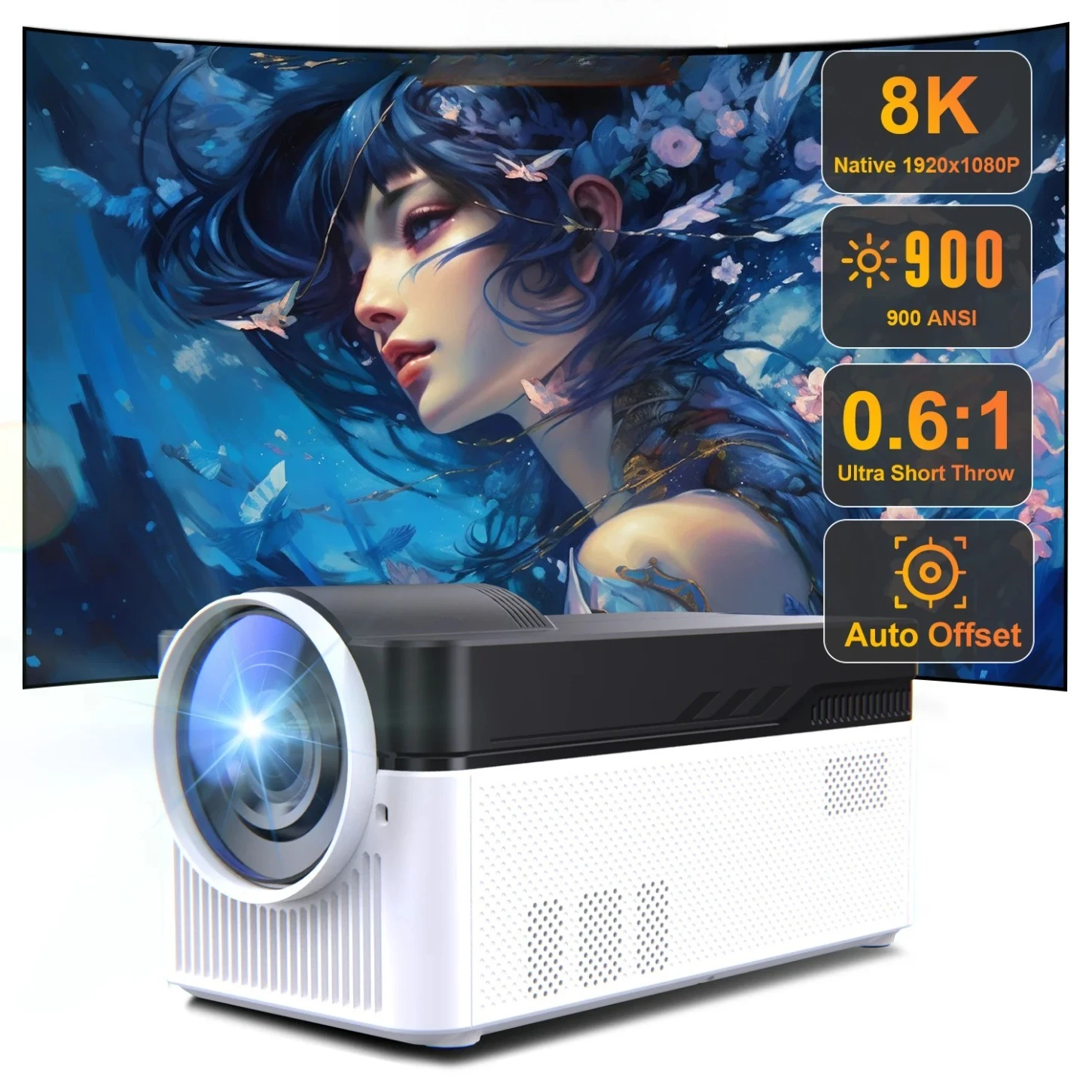 

Projector 900ANSI Android 11 8K 4K HY450 BT5.4 WiFi6 Ultra Short Throw Auto Offset Electronic Focus Home Theater Projector
