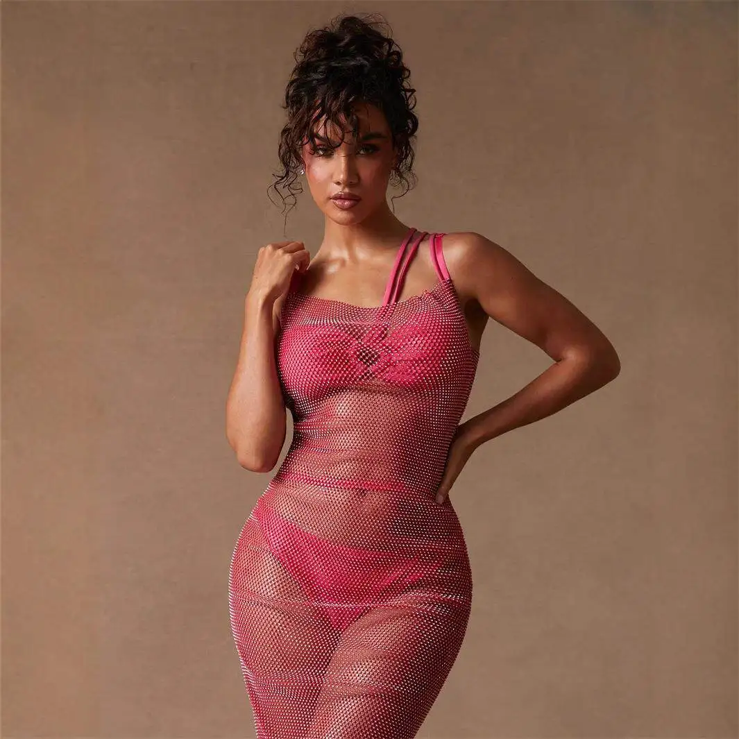 

Сексуальное облегающее платье-сетка с бриллиантовым декором, без бретелек, с запахом, для женщин, осенний сезон, производство Китай, без бренда