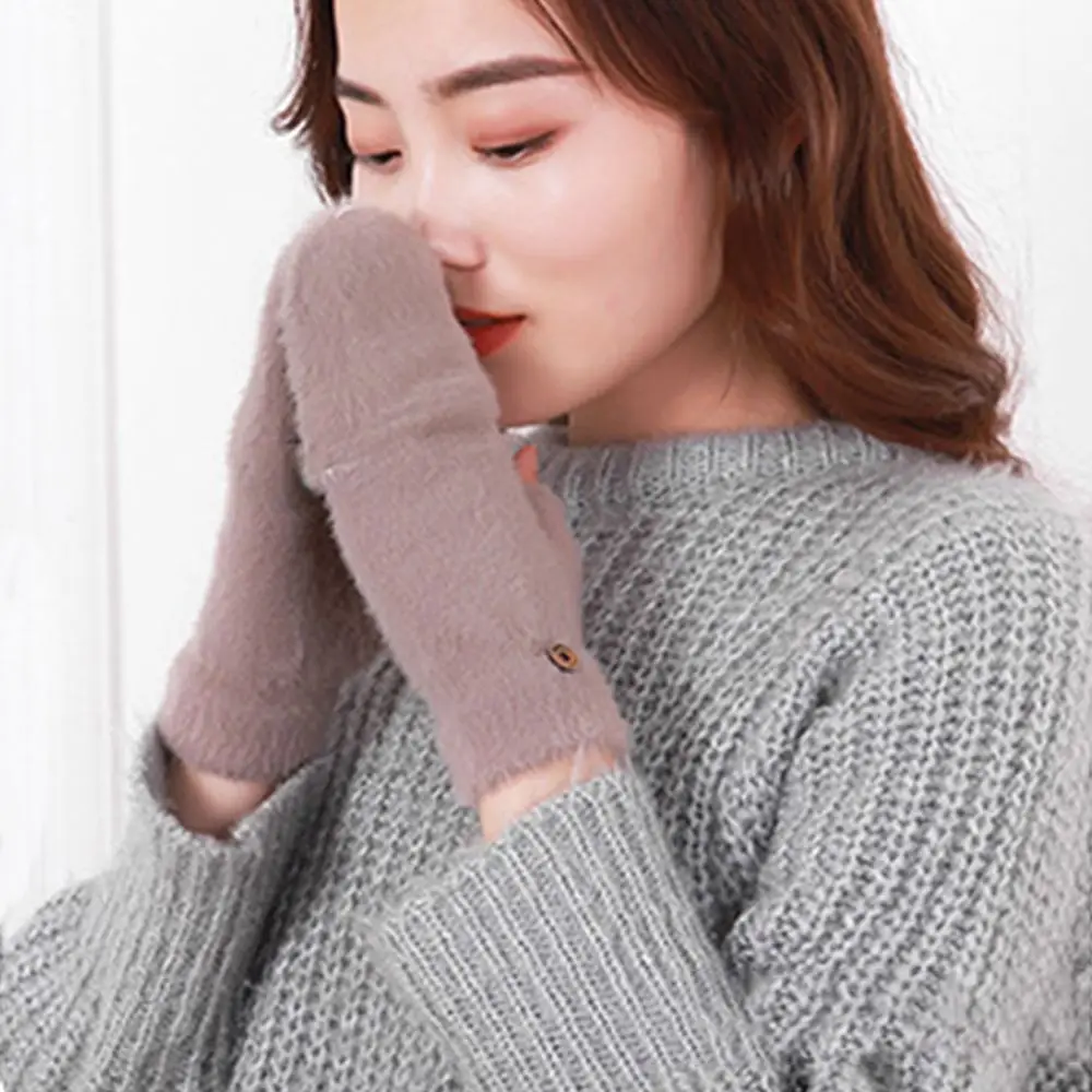 Сплошной цвет, защита рук, полиэстер, норка, милые плюшевые перчатки, перчатки в корейском стиле, перчатки с половиной пальца, осенне-зимние перчатки