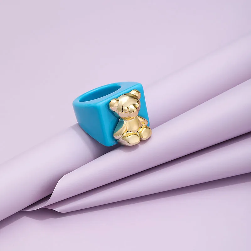 2024 New INS Cute Cartoon Resin Acrylic Bear Metal Rings For Women Girls Candy Color Aesthetic Square Rings Wholesale Jewelry
